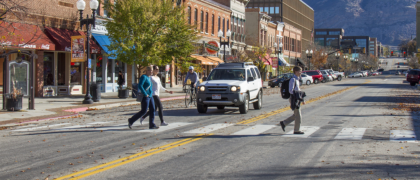 Pedestrians use crosswalk on 25th Street in Ogden.